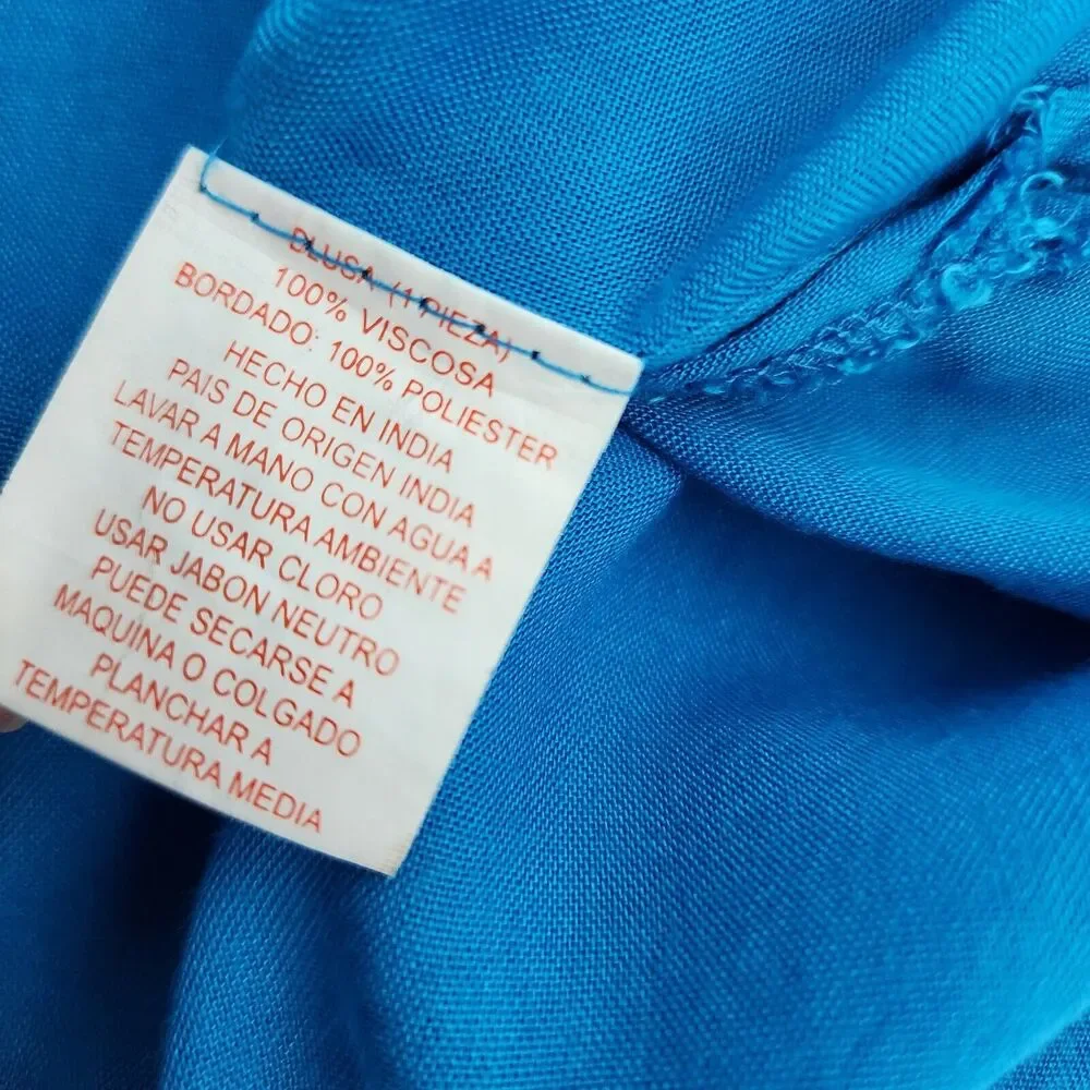 ANJLI Women's Top Size 34 Blue Black Pink Embroidered 3/4 Sleeve Blouse V Neck